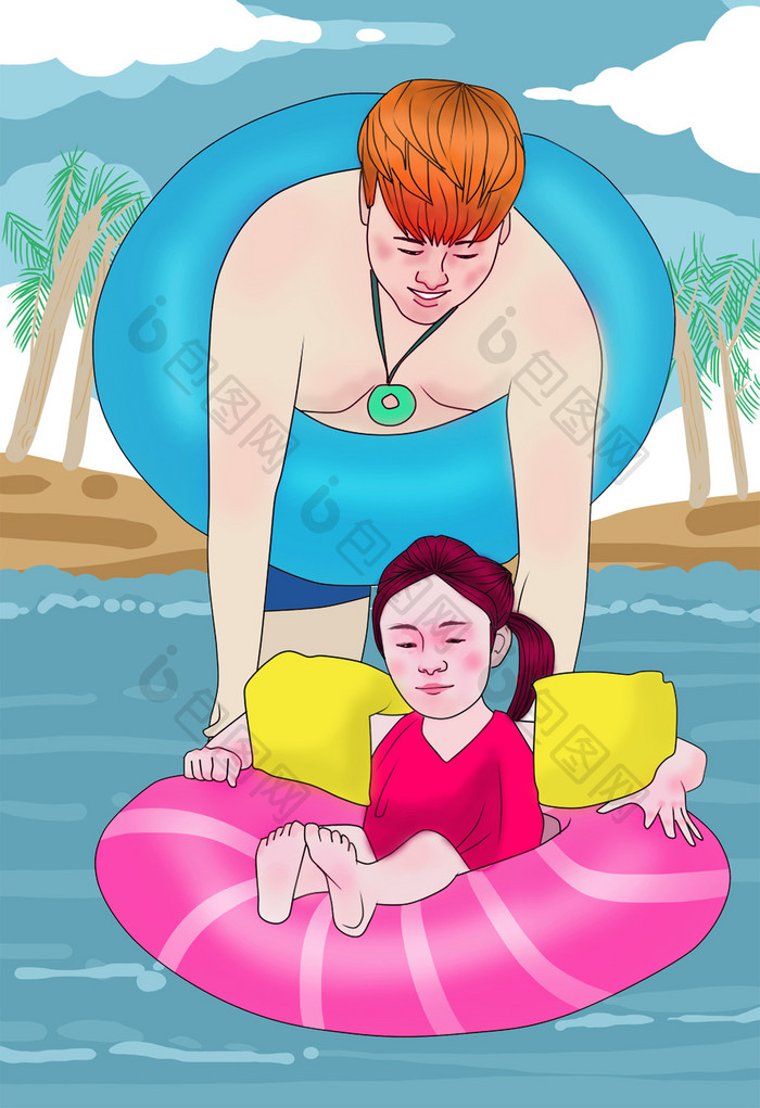 暑假夏日营游泳亲子活动父女插画