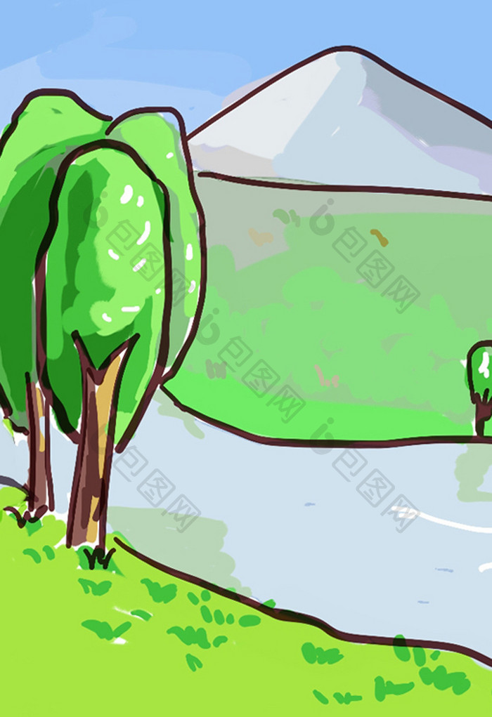 手绘夏日树木远山流水背景