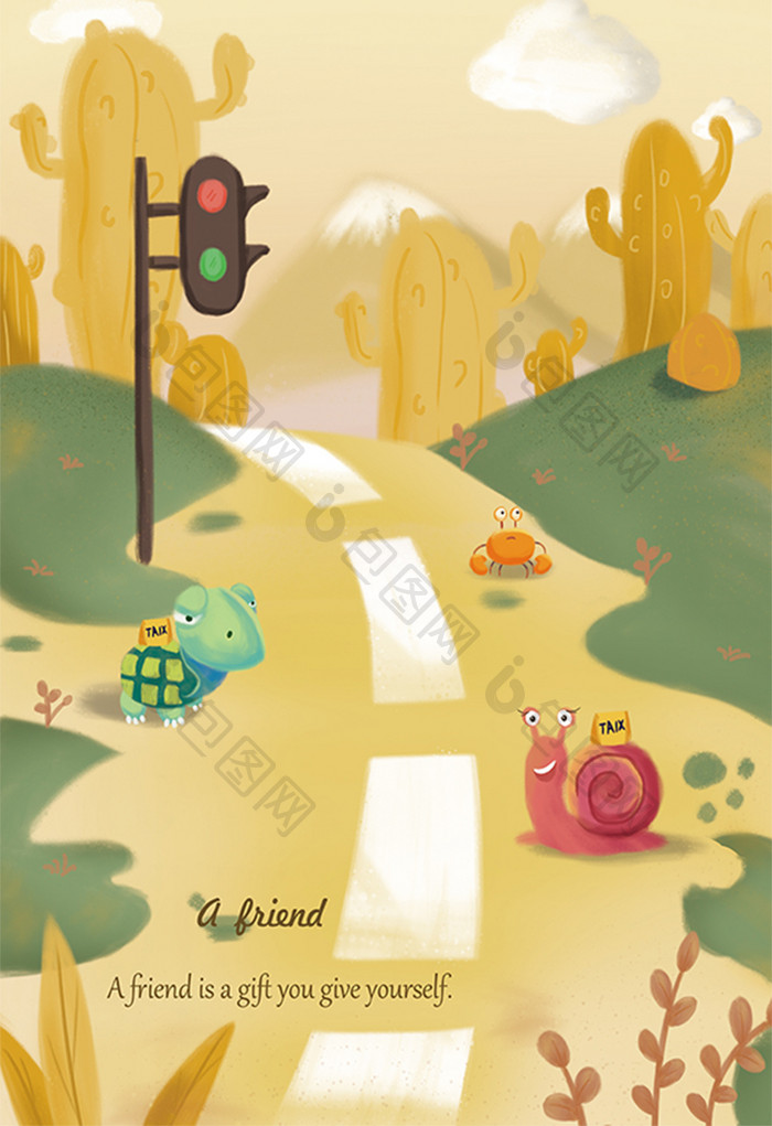 黄色马路蜗牛路灯森林可爱唯美风景插画