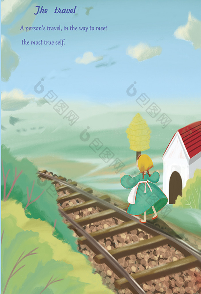 铁路风景唯美可爱卡通封面主题插画
