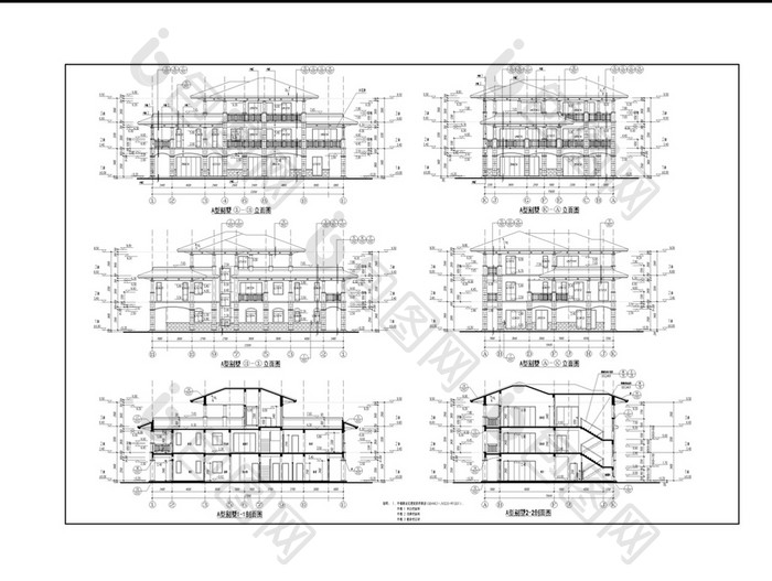 斜屋顶别墅设计建筑施工图CAD