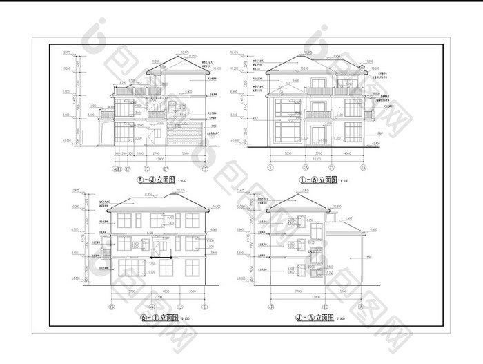 三层坡顶别墅建筑设计施工图CAD