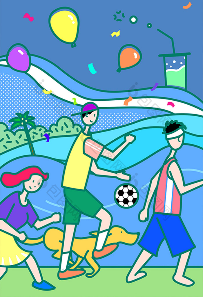 蓝色新风格渡假足球世界杯运动聚会海报插画