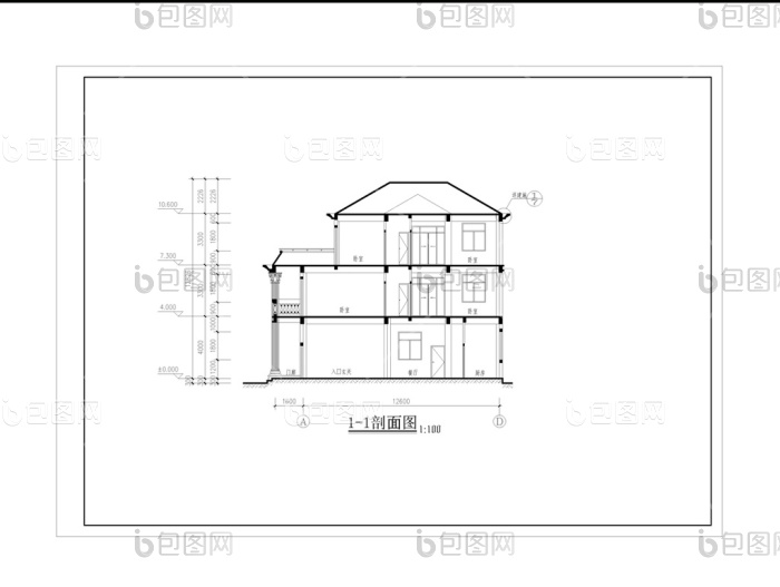 cad三层别墅建筑设计建施图纸-包图网