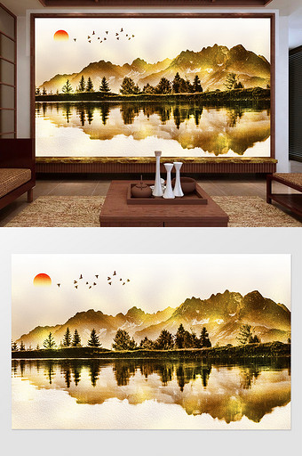 新中式金箔山水电视背景墙图片
