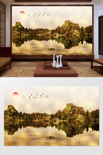 新中式金色山水风景客厅背景墙图片