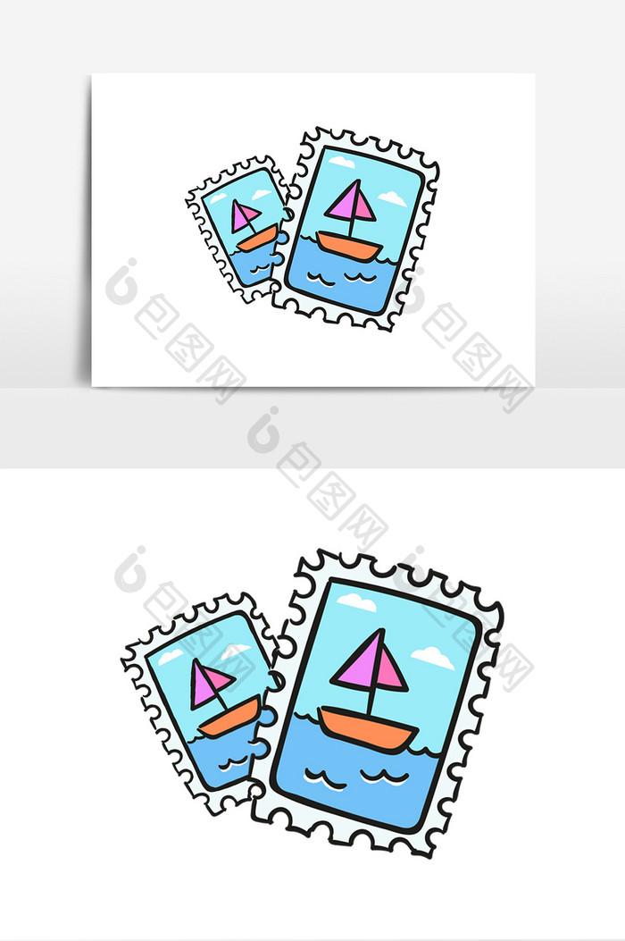 手绘彩色海上轮船邮票元素