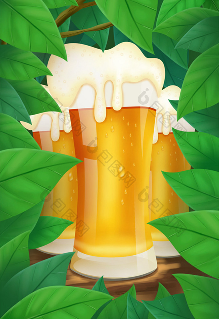 绿色清新手绘肌理清爽夏日啤酒插画