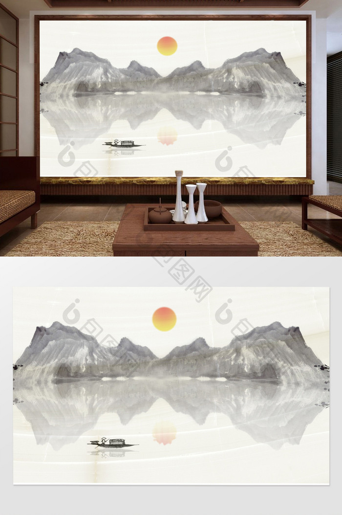 新中式水墨高山小船夕阳倒影背景墙装饰定制