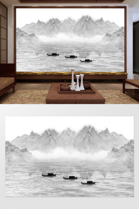新中式水墨高清远山小船倒影背景墙装饰定制