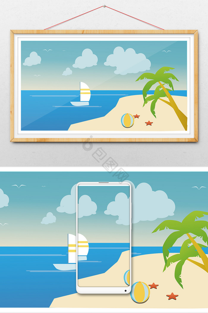 夏日椰岛帆船插画图片