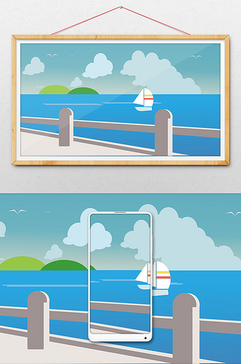 清新大海海堤帆船场景插画图片
