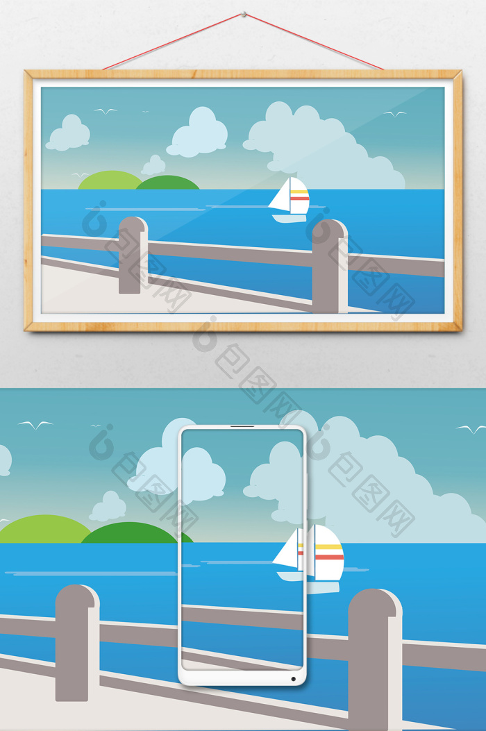 清新大海海堤帆船场景插画