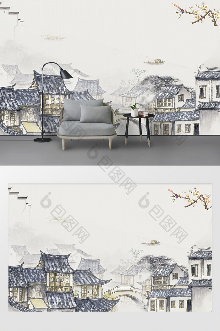 新中式写意手绘古镇村庄背景墙