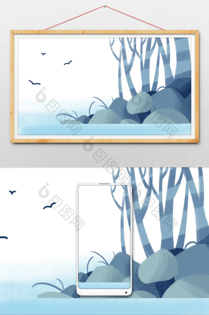 冷色调飞鸟与树插画图片图片