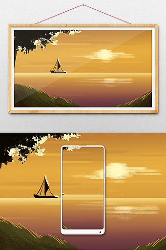 黄昏帆船海洋扁平风格背景插图图片