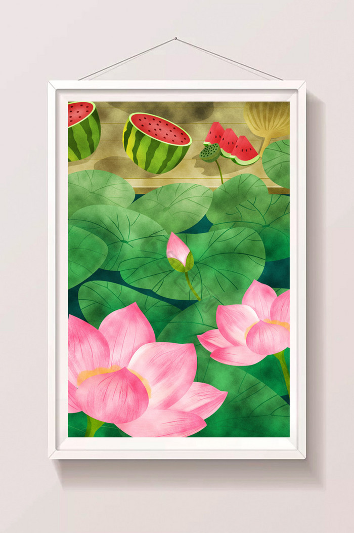 池塘荷花大暑小暑西瓜插画