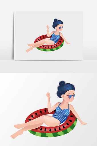 卡通手绘夏天游泳圈比基尼美女图片