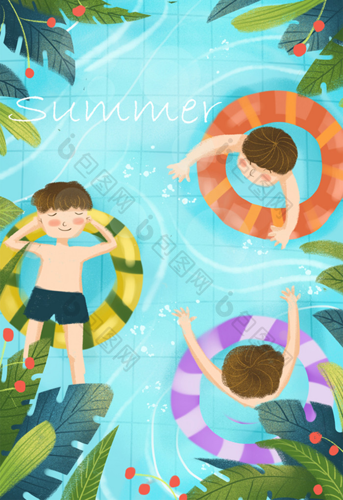 清新夏日夏天游泳池玩耍暑假生活插画