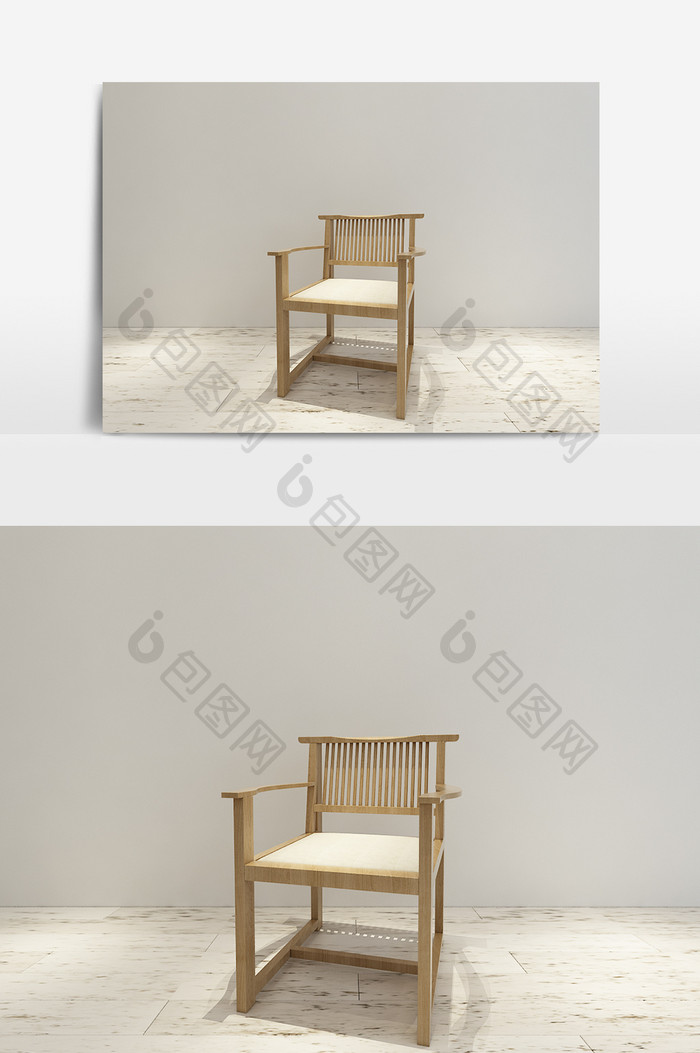 新中式简约木质单椅模型