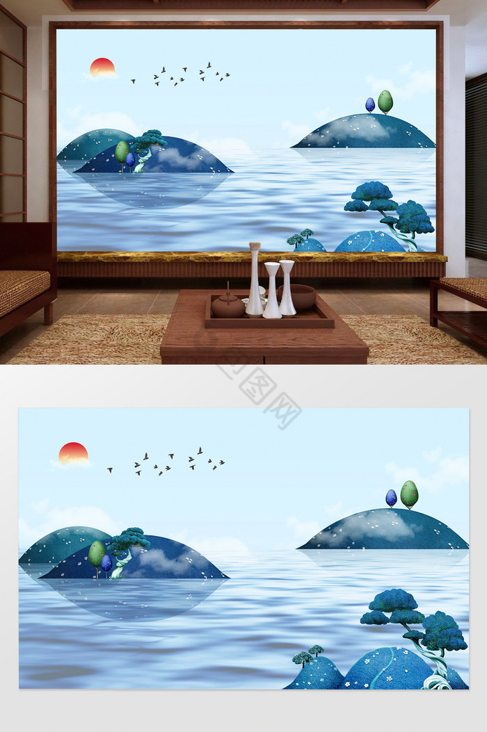 新中式山水风景背景墙图片