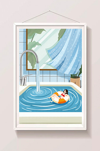 清新节气小暑插画水池游泳圈玩水的女孩插画图片