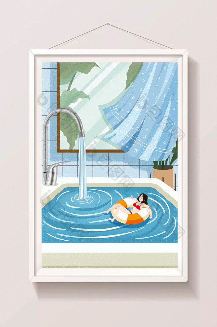 清新节气小暑插画水池游泳圈玩水的女孩插画
