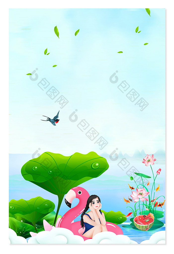 夏日荷塘戏水小孩广告设计背景图