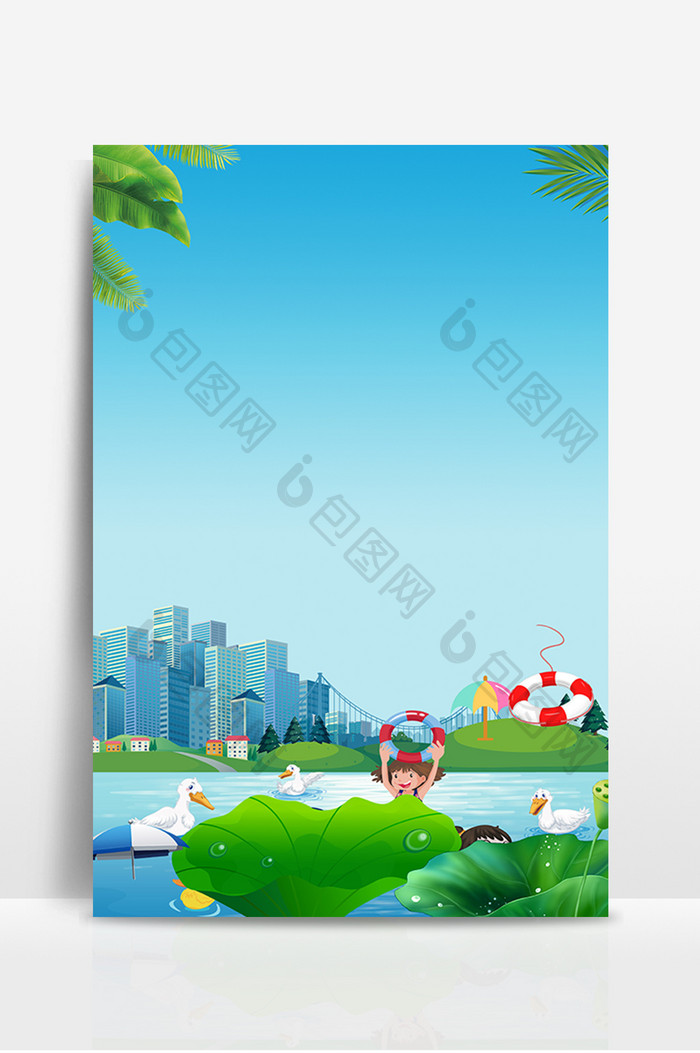 夏日荷塘戏水的小孩广告设计背景图