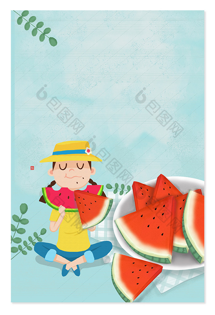 夏天吃西瓜的小女孩广告设计背景图