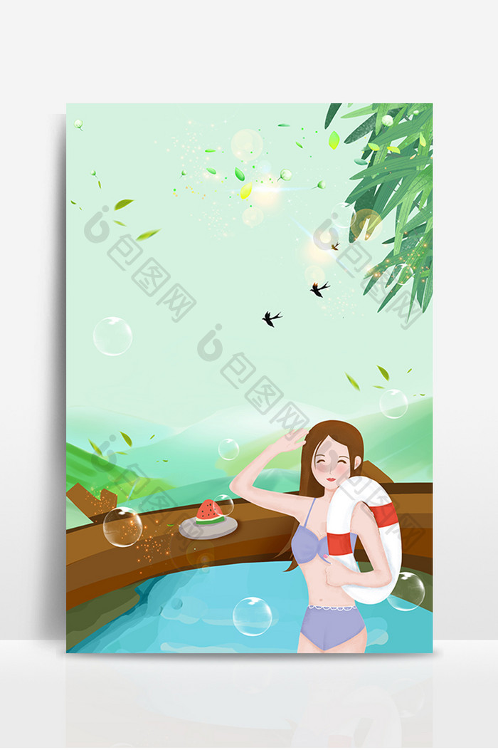 夏日清新美女游泳广告设计背景图