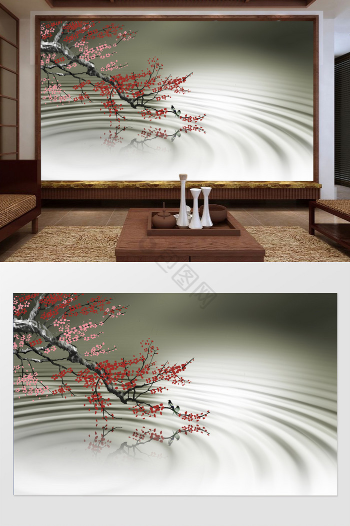 中式手绘梅花花鸟水波纹背景电视机背景墙图片