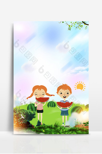 夏日吃瓜的小孩广告设计背景图图片