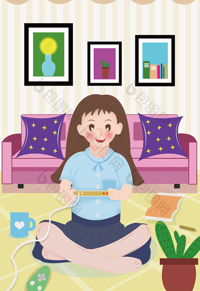 唯美清新暑期生活打游戏系列插画