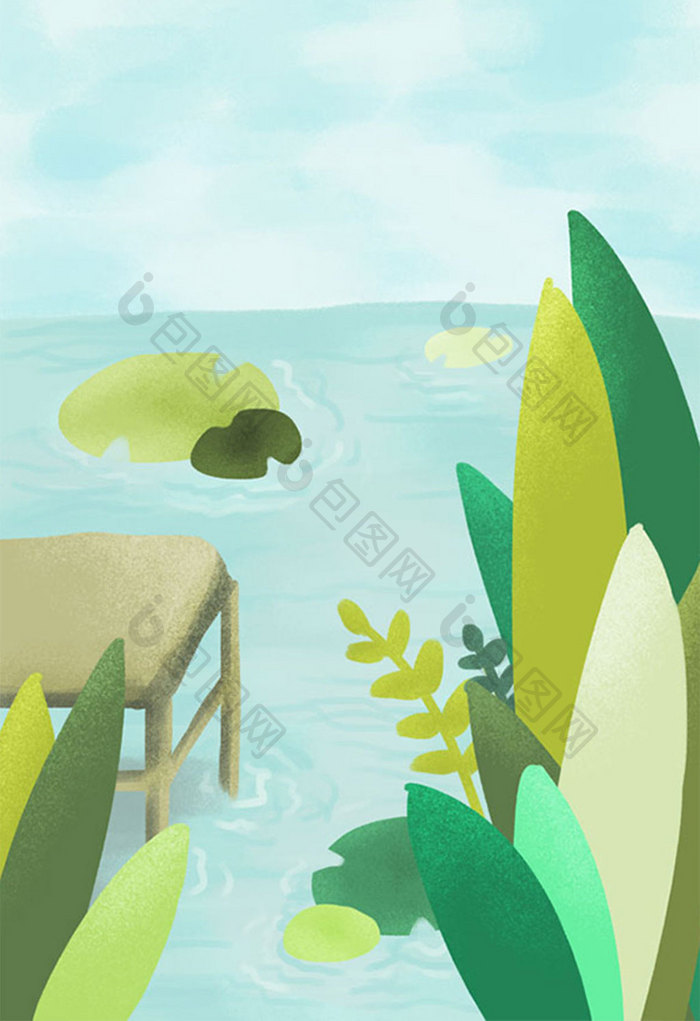 绿色荷叶岸边钓鱼风景海报手绘背景素材下载