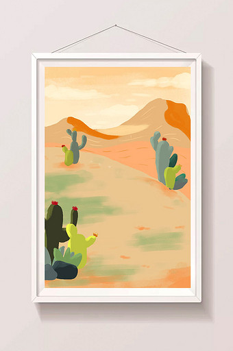 黄色沙漠仙人掌夏天草地旅游手绘插画背景图片