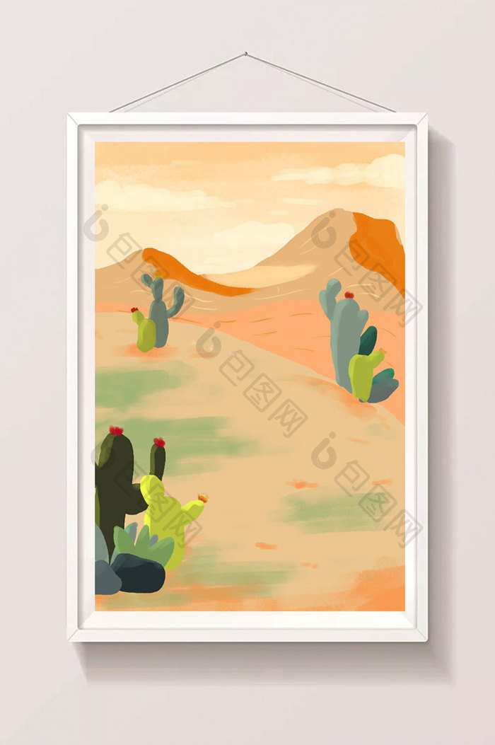 黄色沙漠仙人掌夏天草地旅游手绘插画背景