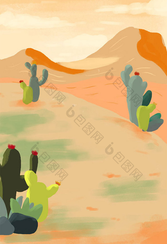 黄色沙漠仙人掌夏天草地旅游手绘插画背景