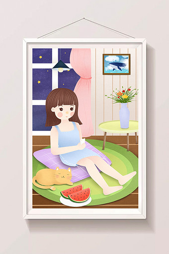 暑期女孩晚间室内西瓜冷饮休息画插图片