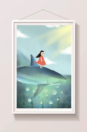 小清新海洋里女孩和鲨鱼玩耍插画图片