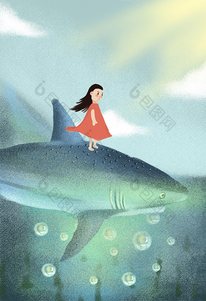 小清新海洋里女孩和鲨鱼玩耍插画