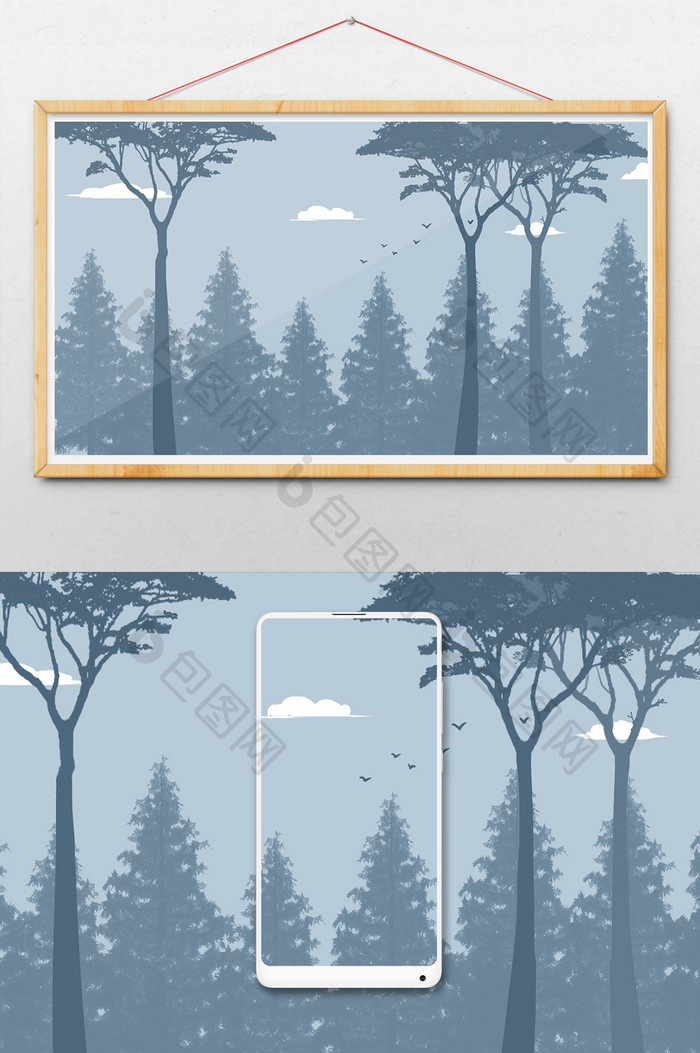 烟灰色树林高级灰树林意境手绘背景插画