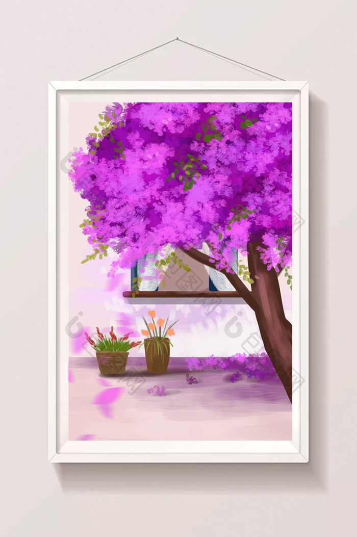 夏日正午窗外盛开的蓝花楹插画