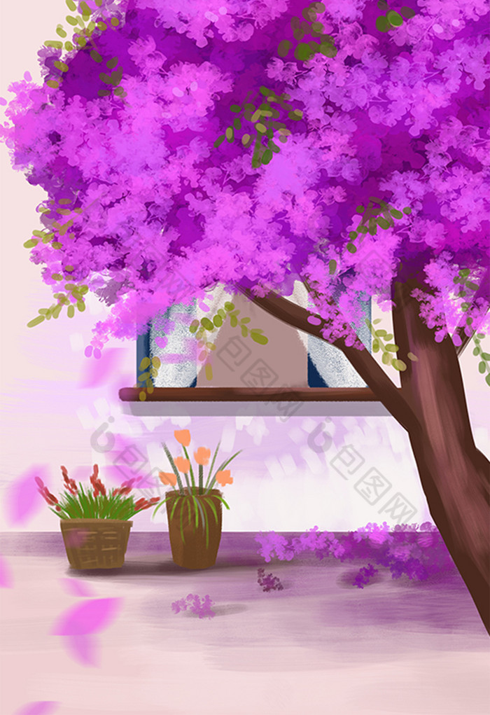 夏日正午窗外盛开的蓝花楹手绘插画背景图片模版