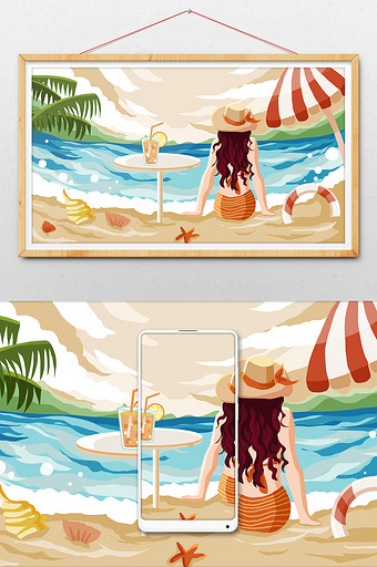 沙滩海边晒太阳的暑假生活扁平风格插画图片