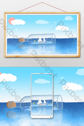 大海漂流瓶插画图片