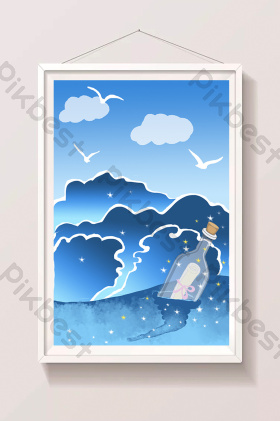 大海漂流瓶场景插画图片