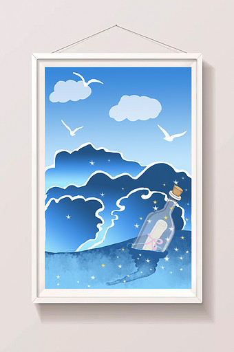 蓝色大海漂流瓶场景插画图片