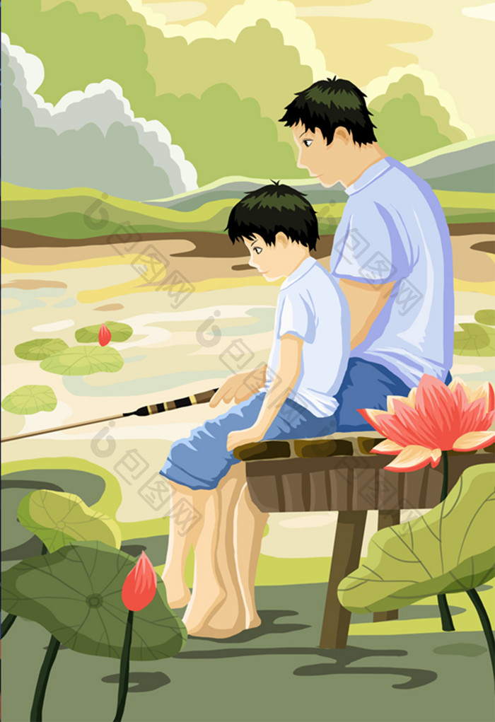 两兄弟在荷花池边垂钓的暑假生活扁平插画