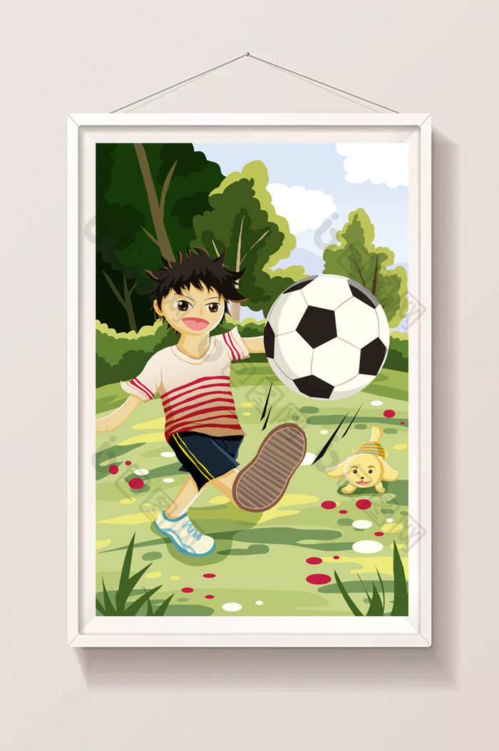 小男孩在草坪上踢足球的暑假生活插画